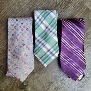 Ted Baker Silk Linen Striped Polka Dot Plaid Tie Lot of 3 Ties 3 Piece Set Lot